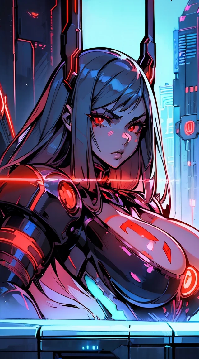(best quality,ultra-detailed,realistic:1.37),woman cyborg,red eyes,evil,anime,huge ,sleek metallic body,expressionless face,glowing circuits,enormous energy blade,mechanical limbs,dystopian city backdrop,neon lights reflection,dark and ominous atmosphere