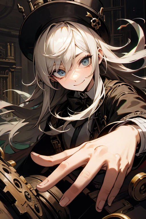 High Contrast、solo、male性、male、Long Hair、adult、mad Men、Suspicious eyeonocle)))))、steampunk、gear、Mechanical prosthetic hand、Innocence、Unstoppable curiosity、Excitement of the unknown、observation、Crazy Smile、smile、Trance、Min City、Underground community