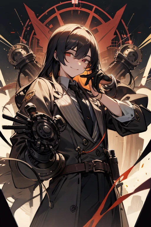 High Contrast、solo、male性、male、Long Hair、adult、mad Men、Suspicious eyeonocle)))))、steampunk、gear、Mechanical prosthetic hand、Innocence、Unstoppable curiosity、Excitement of the unknown、observation、Crazy Smile、smile、Trance、Min City、Underground community