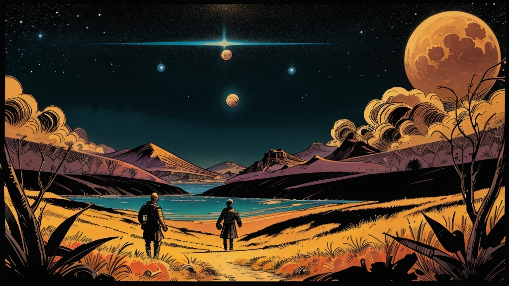 Use this prompt to create an image in the style of 1950s-70s comic book art. Use bold outlines, halftone patterns. Employ intense, saturated colors reminiscent of vintage four-color printing. Maintain a psychedelic, otherworldly atmosphere with swirling, colorful skies and strange celestial bodies. Emphasize the contrast between light and shadow to create a dramatic, pulp sci-fi feel. Create an image of:  an alien planet, nebula, moons, rings, strange plants, strange animals, flying creatures