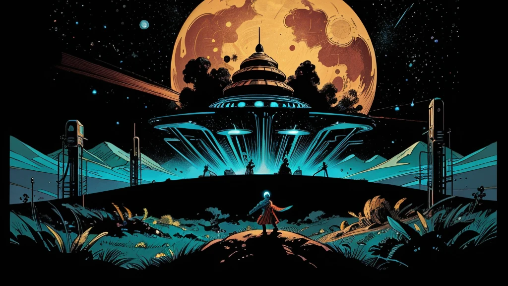 Use this prompt to create an image in the style of 1950s-70s comic book art. Use bold outlines, halftone patterns. Employ intense, saturated colors reminiscent of vintage four-color printing. Maintain a psychedelic, otherworldly atmosphere with swirling, colorful skies and strange celestial bodies. Emphasize the contrast between light and shadow to create a dramatic, pulp sci-fi feel. Create an image of: an alien planet, nebula, moons, rings, strange plants, strange animals, flying creatures