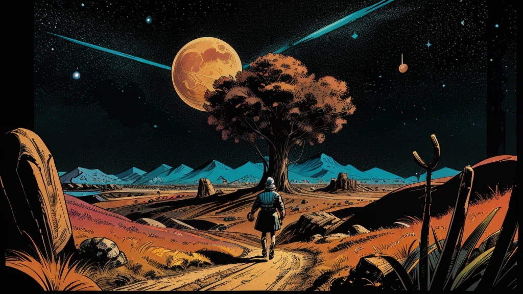 Use this prompt to create an image in the style of 1950s-70s comic book art. Use bold outlines, halftone patterns. Employ intense, saturated colors reminiscent of vintage four-color printing. Maintain a psychedelic, otherworldly atmosphere with swirling, colorful skies and strange celestial bodies. Emphasize the contrast between light and shadow to create a dramatic, pulp sci-fi feel. Create an image of: an alien planet, nebula, moons, rings, strange plants, strange animals, flying creatures