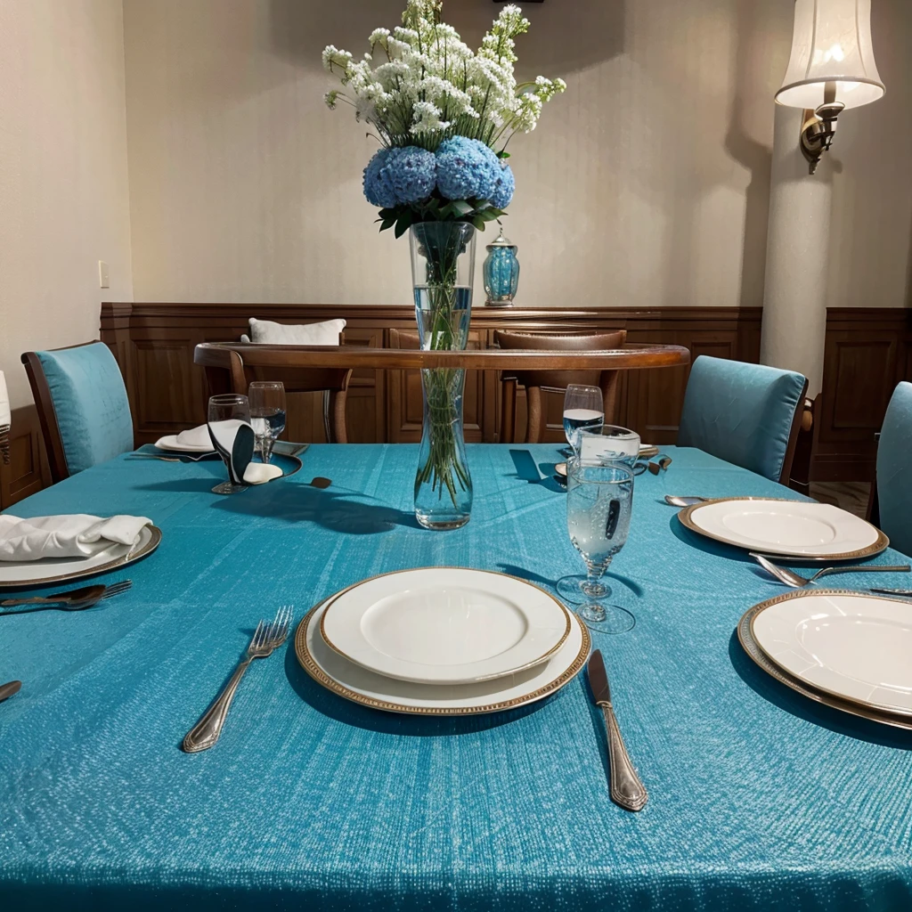 A photorealistic image of a luxuriously set table in a prestigious hotel dining room. The table is covered in a light blue tablecloth that casts a soft, elegant blue tint on the entire scene. Focus on the intricate details of the table setting, including crystal glasses.
