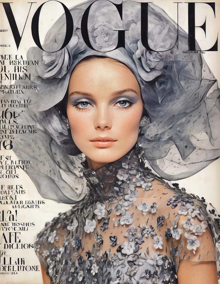 She translucent organza, floral delicacy, blooming petals, sheer elegance, garden  attire, femininity redefined, Marie Claire Editorial, botanical garden backdrop.,highly intricate,(VOGUE Cover Magazine:1.15),1968, 60s, black letters, hyper detailed, photorealistic,,