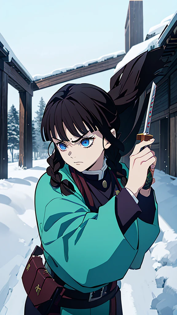 Kimetsu no Yaiba style, 1 mature, girl, blue eyes, a hashira, pretty, long dark brown hair in braids, curtain bangs, annoyed expression, noble, Pillar Demon Slayer, holding a sword, wearing demon slayer uniform, holding a blue demon slayer sword, dark and snowy background