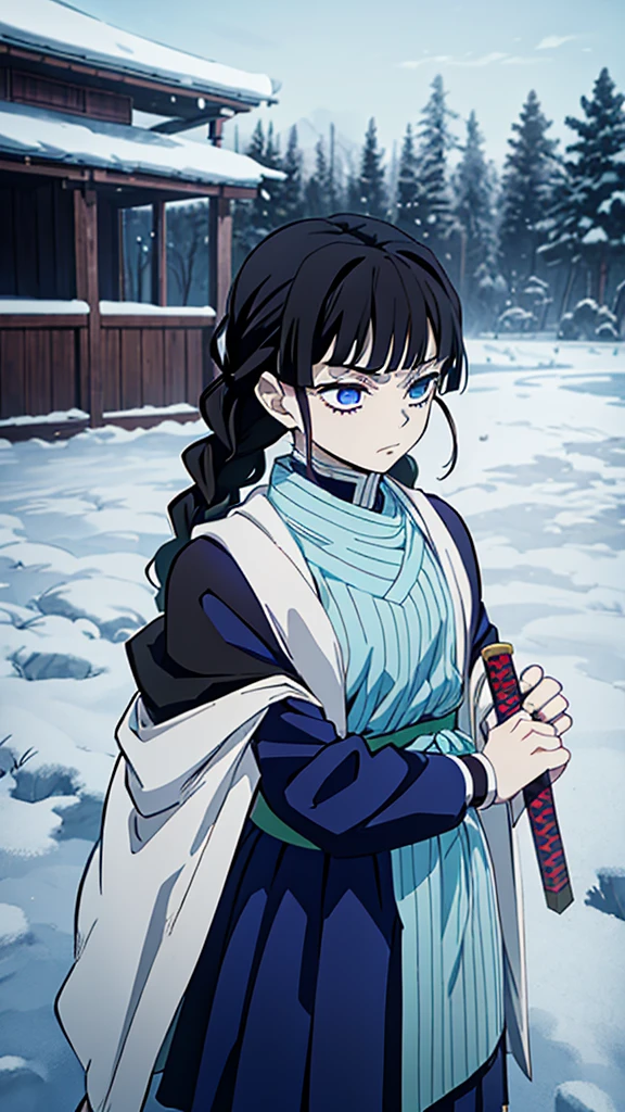 Kimetsu no Yaiba style, 1 mature, girl, blue eyes, a hashira, pretty, long dark brown hair in braids, curtain bangs, annoyed expression, noble, Pillar Demon Slayer, holding a sword, wearing demon slayer uniform, holding a blue demon slayer sword, dark and snowy background