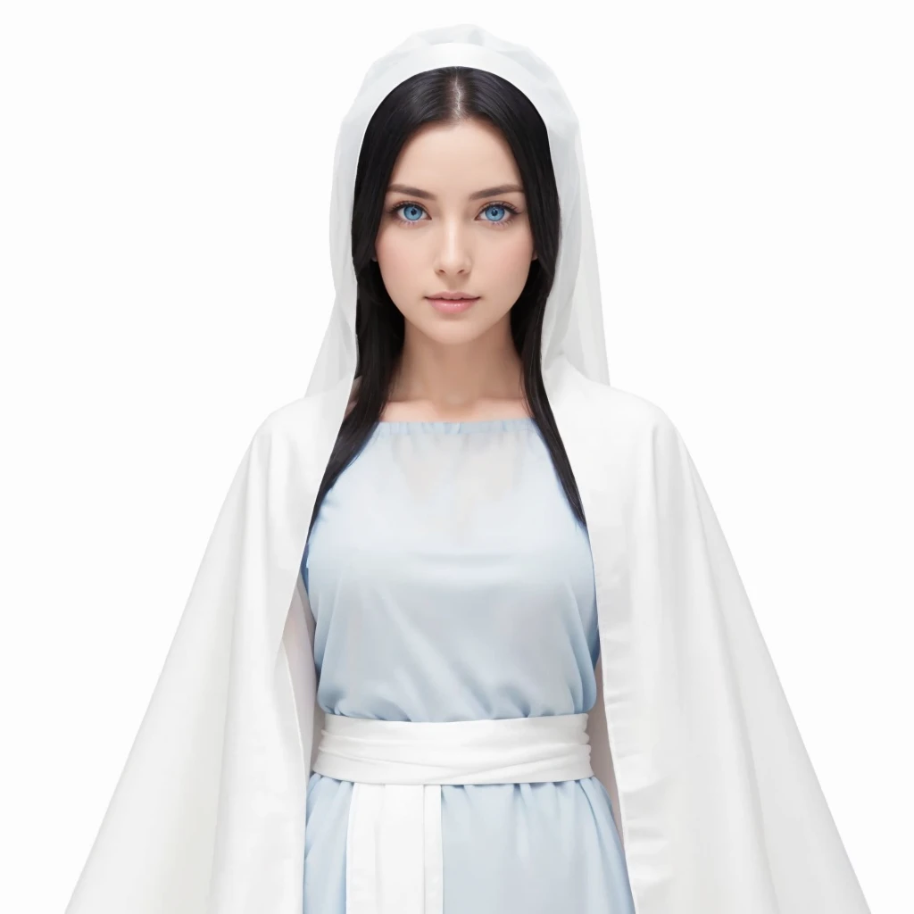 Beautiful 35 year old woman, clear blue eyes, Long black hair, wearing a blue tunic with wide, long sleeves adjusted at the waist by a white sash, and a white veil. Perfect full body