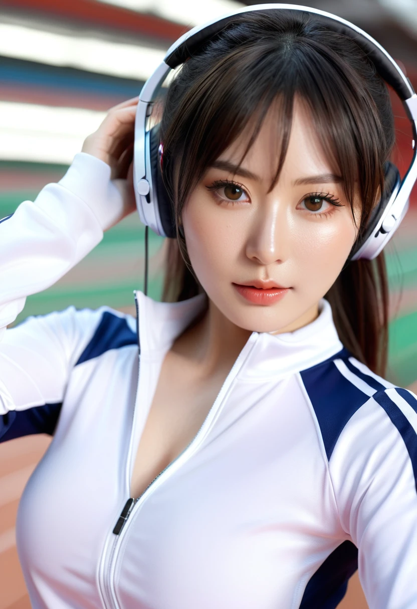 best quality, 8k, very delicate and beautiful, highly detailed face and skin texture, shiny skin, high resolution, big tits sexy japanese girl in track suit wearing headphone, sharp focus
