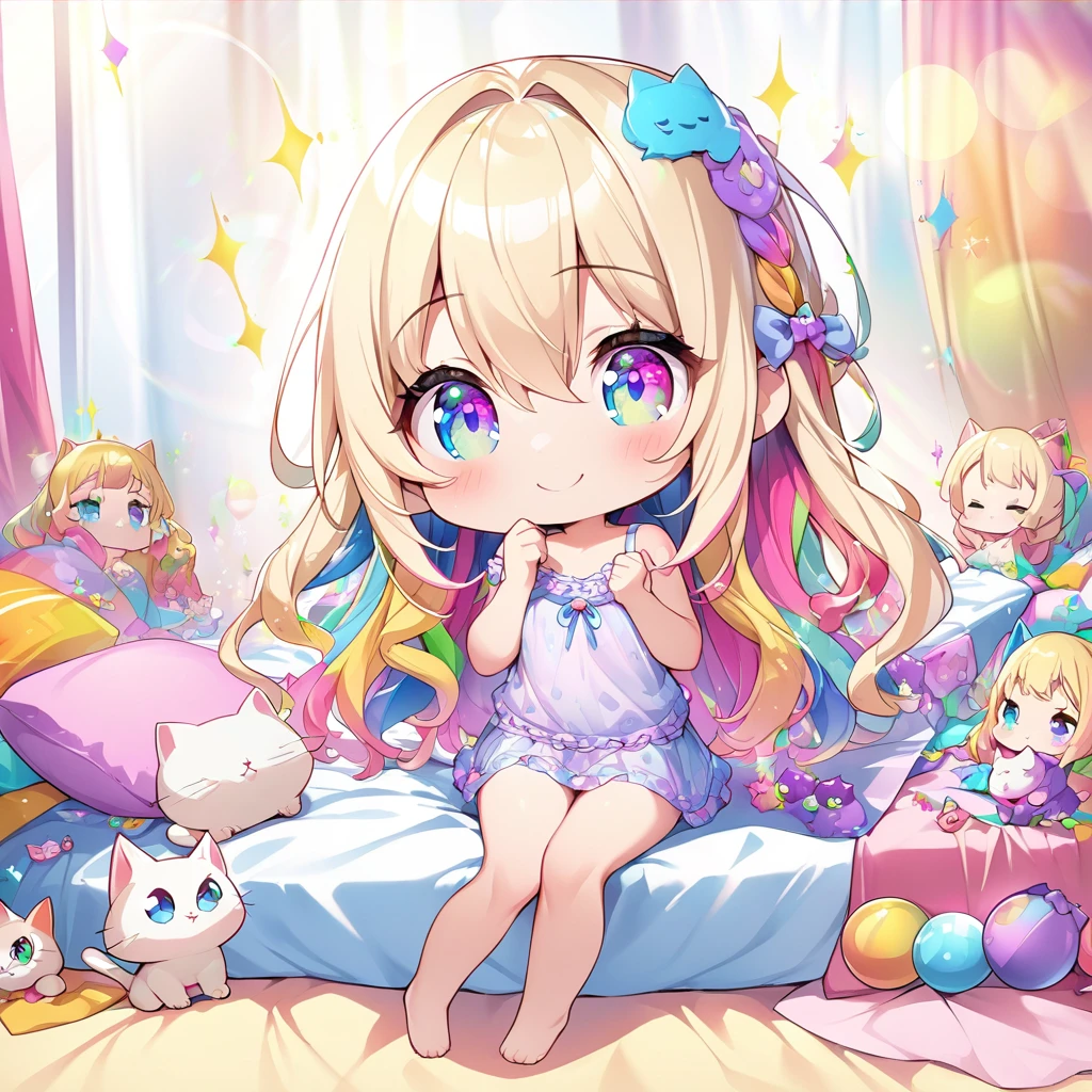 masterpiece, best quality, 4k、2D illustration、one beautiful girl、solo、(((chibi style)))、((vivid colors))、cute chibi、lovely chibi、((long beautiful hair)), glossy light blonde hair, hair between eyes, cute、beautifully detailed eyes、((camisole dress)), ((miniskirt))、((colorful))、((happy smile))、sitting on bed、((full body shot))、((kitten)), ((lots of colorful stuff around))、((bed))、sparkle、((lens flare))、