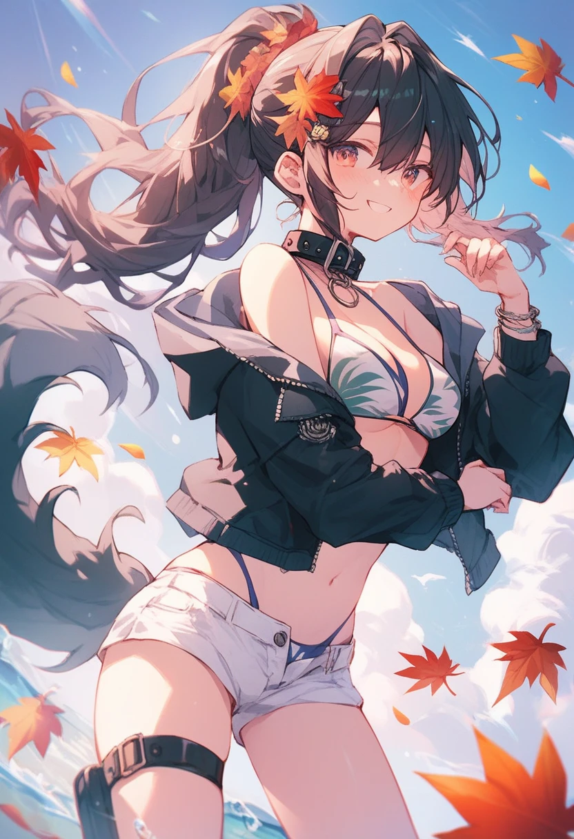 score_9,score_8,score_7,score_8_up,score_7_up、((Masterpiece)), (Best Quality), Solo, miosha1, hair ornament, ponytail, wolf tail, swimsuit, white shorts, thigh strap, black jacket, leaf print, collar, string bikini,