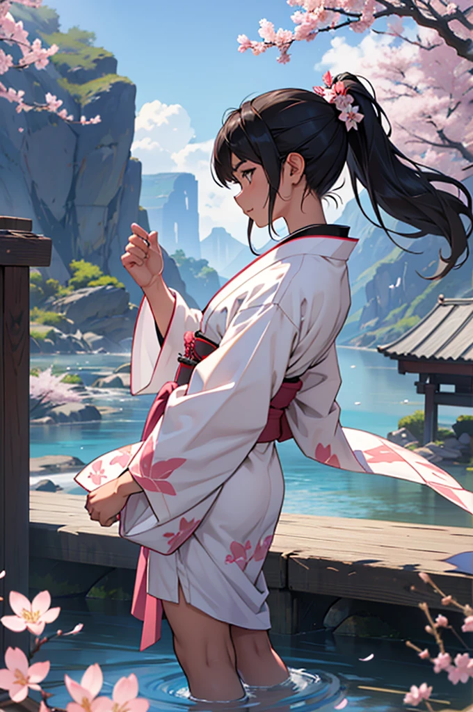 **character description: Young Girl with Fans**

**front view:**

name: Aiko Harada Age: 16 years

Appearance:
- Aiko is a young woman of medium height, with about 1,60m tall and a slender, graceful figure.
- His hair is black and long, reaching up to the waist, usually tied into a high ponytail with a white ribbon.
- His eyes are large and deep brown, reflecting a mix of determination and serenity.
- Your face is delicate, with soft features and a calm smile that contrasts with his deadly skill in combat.

outfit:
- Aiko wears a white kimono adorned with delicate pink cherry blossoms, symbolizing the beauty and ephemerality of life.
- The kimono is tied with an obi (range) light pink, with patterns of clouds and mountains, representing the harmony and strength of nature.
- Its sleeves are long and flowing, allowing freedom of movement while adding a fluid grace to your movements.
- Wear traditional wooden sandals (can) with white tabi socks, that cover your feet and ankles.

Fixtures:
- Aiko fights with two war fans, called tessen, made of fine steel and adorned with designs of dragons and cherry blossoms. Fans are both weapons and dance instruments, used to block and attack with precision.
- At the waist, she carries a small silk bag where she stores small projectiles (shuriken), which she casts with deadly precision.
- She also has a kunai hidden in her obi, used for hand-to-hand combat situations.

**side view:**

- Sideways, Aiko displays an elegant and confident posture. The kimono adjusts gracefully to your body, allowing fluid and precise movements.
- The war fans are seen in profile, highlighting their sharp blades and the way Aiko holds them with dexterity and agility.
- Hair tied in a high ponytail sways gently with your movements, adding a touch of dynamism to your presence.
- What long hair do you want