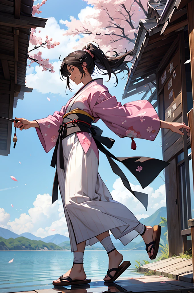 **character description: Young Girl with Fans**
**front view:**
name: Aiko Harada Age: 16 years
Appearance:
- Aiko is a young woman of medium height, with about 1,60m tall and a slender, graceful figure.
- His hair is black and long, reaching up to the waist, usually tied into a high ponytail with a white ribbon.
- His eyes are large and deep brown, reflecting a mix of determination and serenity.
- Your face is delicate, with soft features and a calm smile that contrasts with his deadly skill in combat.
outfit:
- Aiko wears a white kimono adorned with delicate pink cherry blossoms, symbolizing the beauty and ephemerality of life.
- The kimono is tied with an obi (range) light pink, with patterns of clouds and mountains, representing the harmony and strength of nature.
- Its sleeves are long and flowing, allowing freedom of movement while adding a fluid grace to your movements.
- Wear traditional wooden sandals (can) with white tabi socks, that cover your feet and ankles.
Fixtures:
- Aiko fights with two war fans, called tessen, made of fine steel and adorned with designs of dragons and cherry blossoms. Fans are both weapons and dance instruments, used to block and attack with precision.
- At the waist, she carries a small silk bag where she stores small projectiles (shuriken), which she casts with deadly precision.
- She also has a kunai hidden in her obi, used for hand-to-hand combat situations.
**side view:**
- Sideways, Aiko displays an elegant and confident posture. The kimono adjusts gracefully to your body, allowing fluid and precise movements.
- The war fans are seen in profile, highlighting their sharp blades and the way Aiko holds them with dexterity and agility.
- Hair tied in a high ponytail sways gently with your movements, adding a touch of dynamism to your presence.
- What long hair do you want