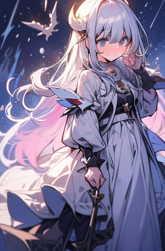 (late afternoon):0.9, (dense atmosphere):0.8, (cold):0.7, (castle):1.2, (medieval):1.1, (hurricane):1.4, (Lightning):1.3, (snowing):1.2, (snow):1.2, (detailed 8k):1.5, a girl with holy sword, white cloak, long white hair, full body silver armor, tired, masterpiece