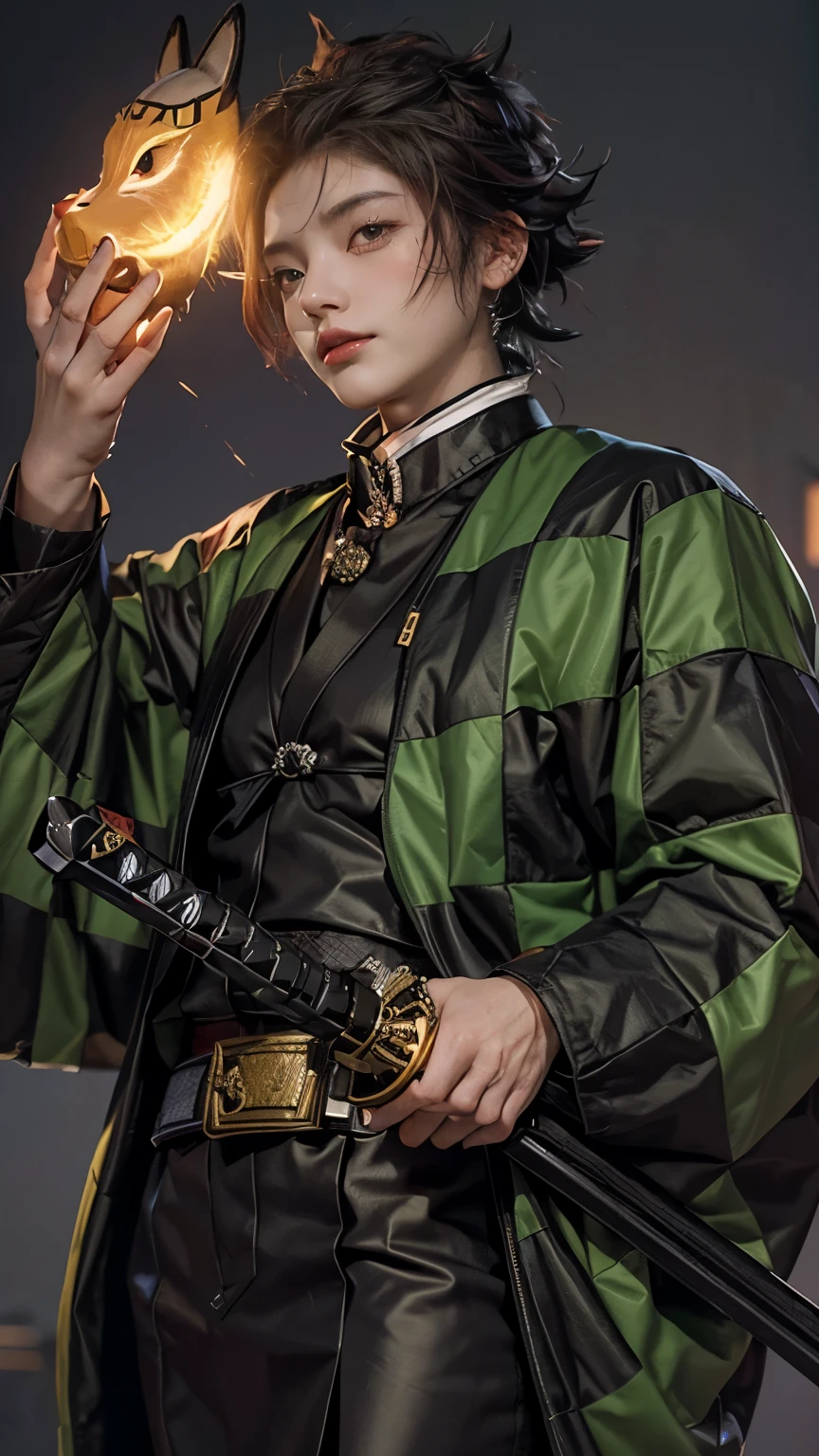 Create an image of a confident young samurai character. She has short, spiky maroon hair and a determined expression. She is wearing a traditional black and green checkered haori over a dark brown kimono. In her left hand, he holds a fox mask with intricate designs, while her right hand rests on the hilt of a katana sheathed at his waist. The background is dark and dynamic, with sparks, yellow lighting, thunder and energy surrounding the character, enhancing the intense atmosphere.