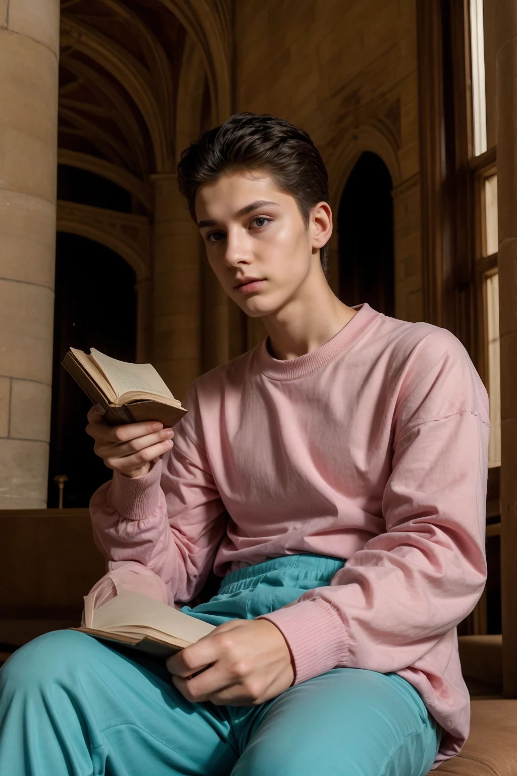 A cute male twink with a face with makeup and black hair, wearing a long-sleeved pink shirt and aqua blue pants, in the historic palace, sitting reading a book.