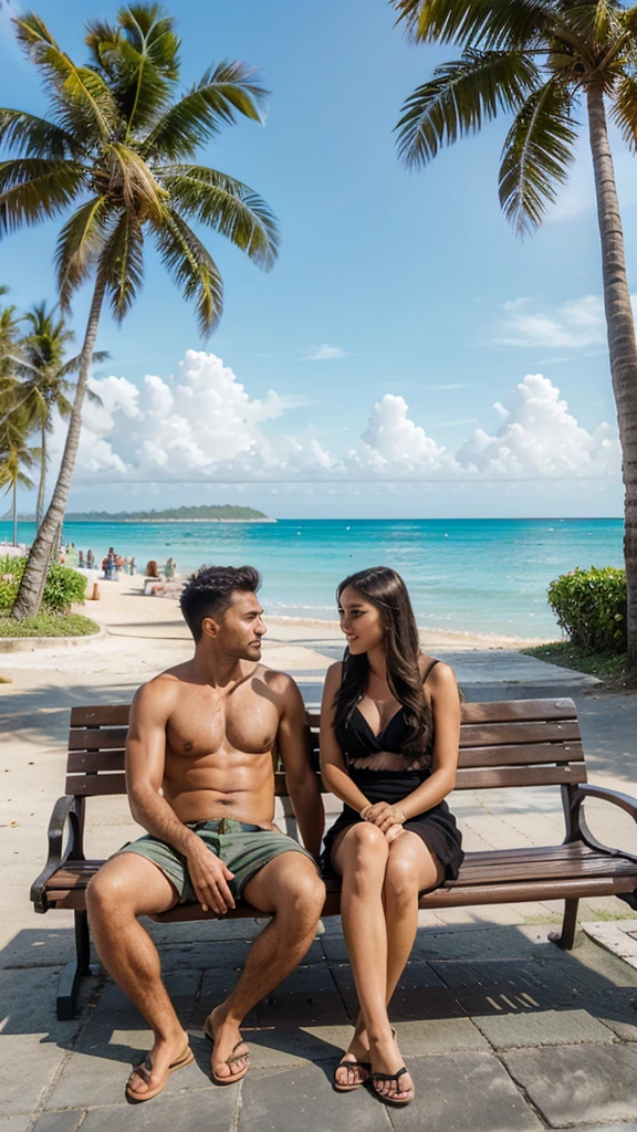 Couple man and woman sitting on bench, sidewalk by beach, sea, coconut trees, beautiful, tropical views,