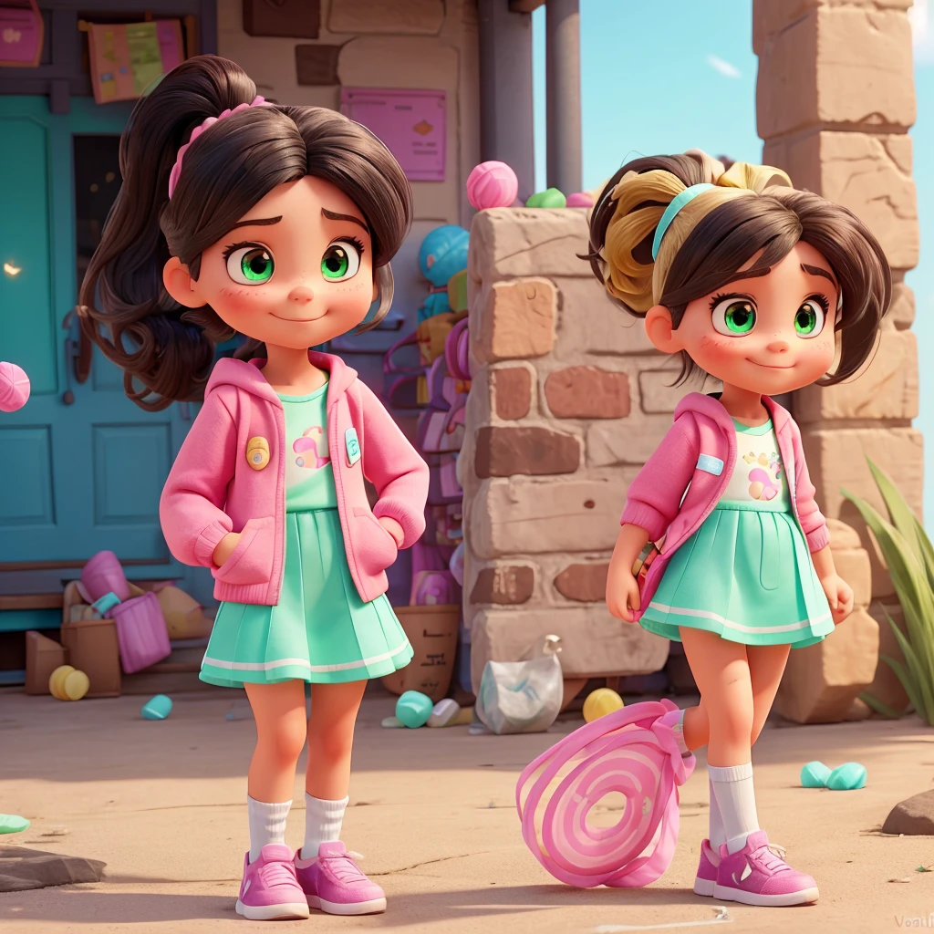 
   - Clothes: Vanellope wears a mint green hoodie with pink laces and a small front pocket. She wears a brown skirt with a candy border. She also has pink and white striped tights., and black shoes with pink laces.
   - Hair: He has black hair, tied in a high ponytail with a mint green ribbon. Her hair is decorated with various colorful candies (Candies, sparks, etc.).
   - Facial features: Vanellope has large, expressive dark brown eyes.. Her skin is light and she has freckles on her cheeks.. Her lips are pink and she is often seen smiling mischievously..
   - Height and build: He is short and has a small, thin build., typical of a girl of around 9 .

2. Personality:
   - ATTITUDE: It is energetic, witty and sarcastic. Despite being considered a "failed" in your video game, He has a strong spirit and is not easily intimidated..
   - Skills: Vanellope is a skilled runner and has the ability to "glitchear", allowing you to briefly teleport from one place to another.
