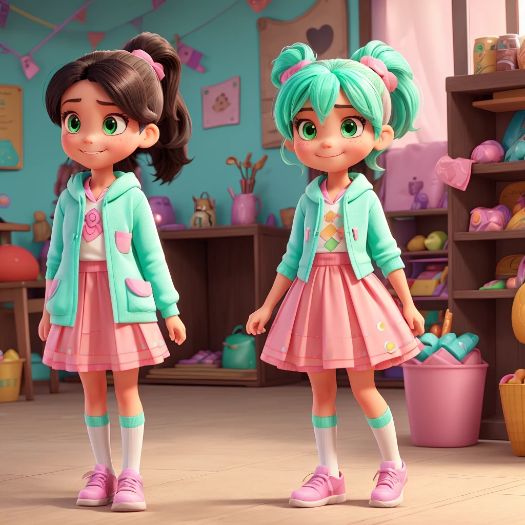 - Clothes: Vanellope wears a mint green hoodie with pink laces and a small front pocket. She wears a brown skirt with a candy border. She also has pink and white striped tights., and black shoes with pink laces.
- Hair: He has black hair, tied in a high ponytail with a mint green ribbon. Her hair is decorated with various colorful candies (Candies, sparks, etc.).
- Facial features: Vanellope has large, expressive dark brown eyes.. Her skin is light and she has freckles on her cheeks.. Her lips are pink and she is often seen smiling mischievously..
- Height and build: He is short and has a small, thin build., typical of a girl of around .
2. Personality:
- ATTITUDE: It is energetic, witty and sarcastic. Despite being considered a "failed" in your video game, He has a strong spirit and is not easily intimidated..
- Skills: Vanellope is a skilled runner and has the ability to "glitchear", allowing you to briefly teleport from one place to another.