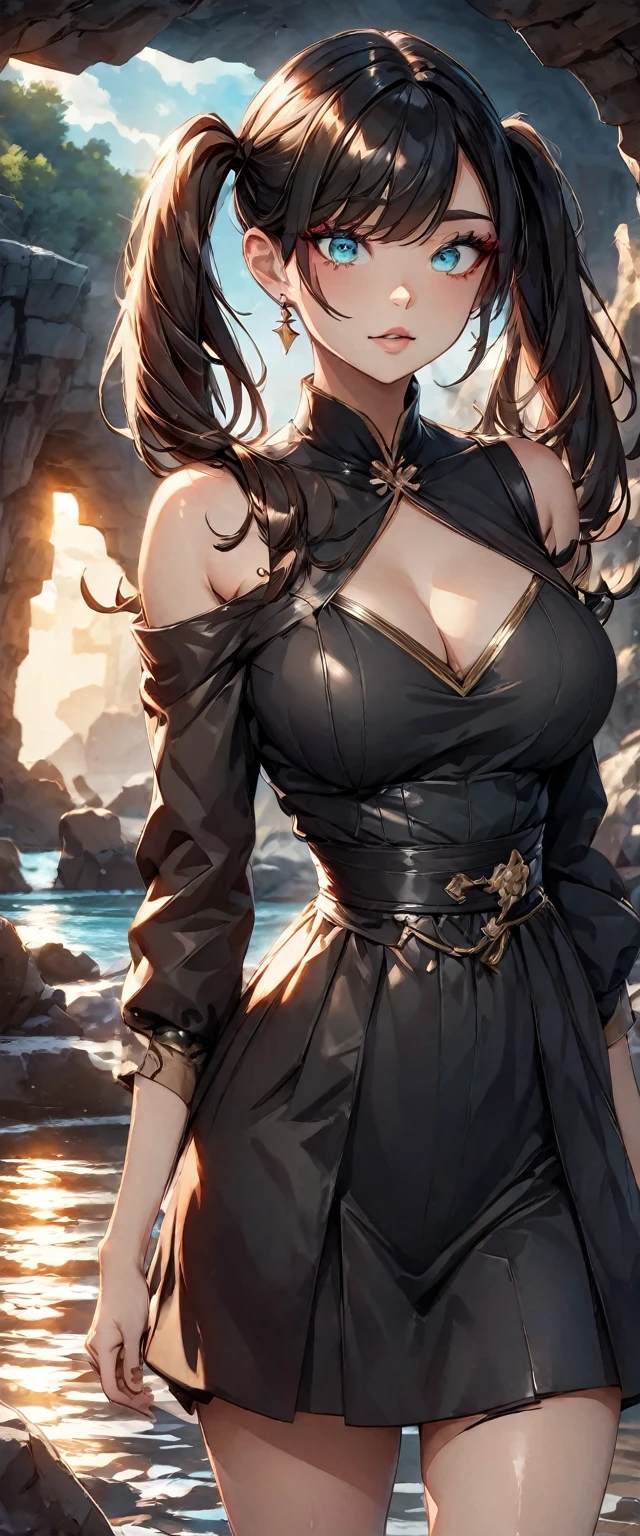 Photo of a woman with natural skin, Seaside cave, The light is shining in, Upper Body, High Twintails, Black hair with red mesh, Sharp eyes with red eyeshadow, Blue-green eyes, Shining eyes, A thin, upturned nose, Well-shaped lips, Big Breasts, ((Black off-the-shoulder dress, Thin shoulder straps)), barefoot, Makeup, Exquisitely crafted with the utmost attention to detail, Vibrant, amazing, Smooth, Cinematic, 4K, Backlight, (()), Shallow depth of field, ((Detailed eyes:1.3, Detailed lips:1.3, high quality, )), masterpiece, Super detailed images, High quality