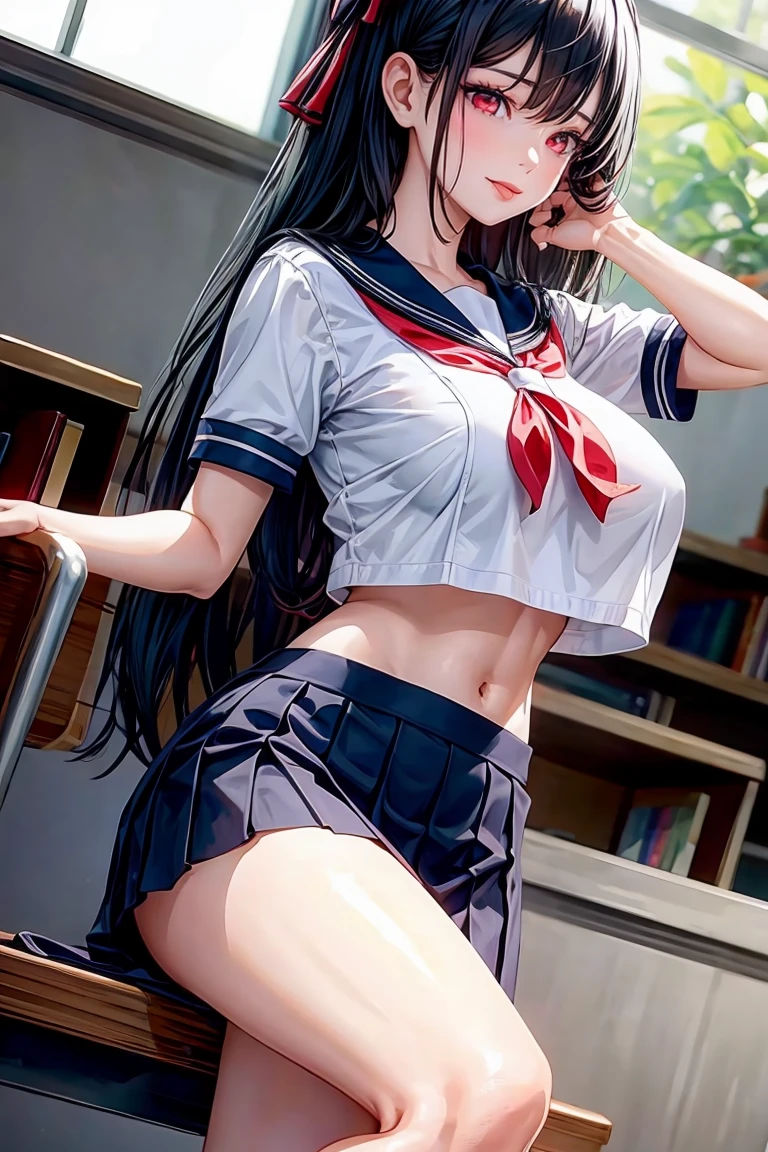 woman, sexy woman, mature female, mommy, black hair, red eyes, detailed eyes, detailed lips, big breasts, short sleeves sailor uniform, sit with crossed legs, classroom, evil smiling, seductive lips, adjusting hair, skirt, hunter eyes, look from below, licking lips, slighty midriff, tattoo, expressionless eyes