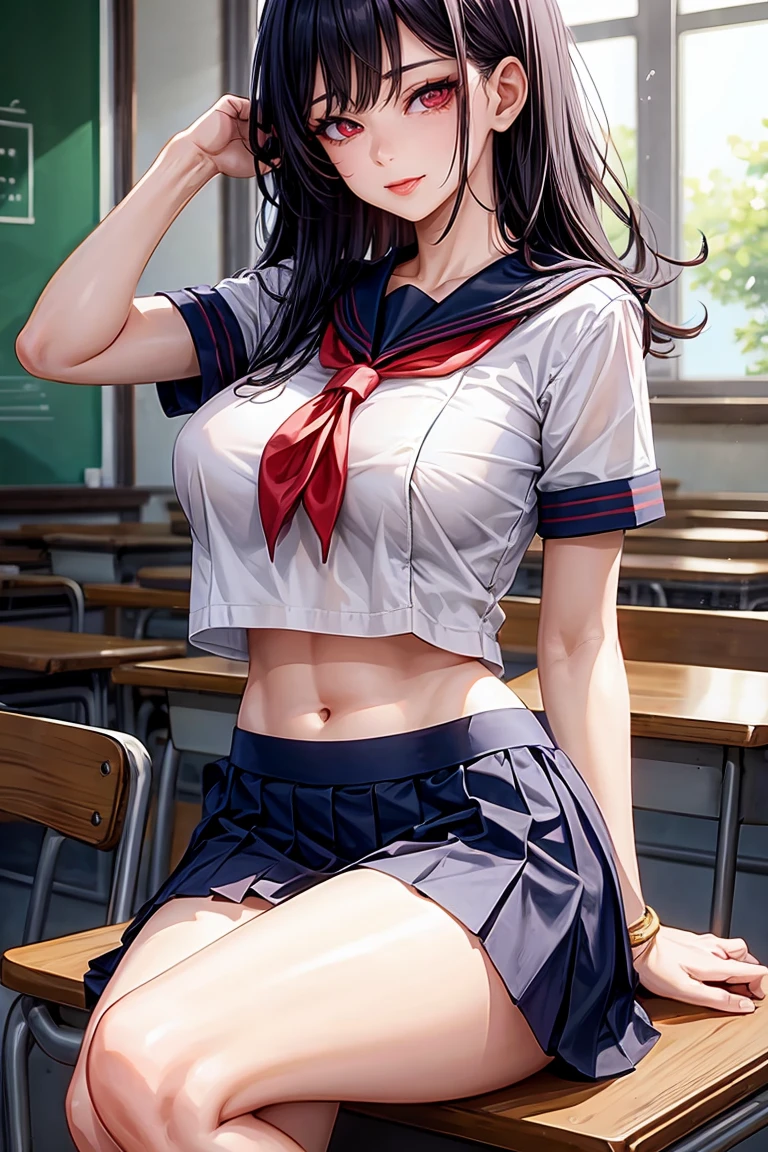 woman, sexy woman, mature female, mommy, black hair, red eyes, detailed eyes, detailed lips, big breasts, short sleeves sailor uniform, sit with crossed legs, classroom, evil smiling, seductive lips, adjusting hair, skirt, hunter eyes, look from below, licking lips, slighty midriff, tattoo, expressionless eyes