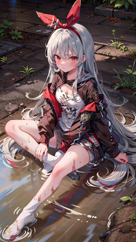 (8K, best quality, master piece: 1.5),super high resolution, One girl, solo, full shot, 15 years old, ultra-detailed face, detailed eyes, wine red eyes, slant eyes, angry, (Silver gray hair, red streaked hair), Helix Piercing, Medium chest, ((Muddy and torn clothes)), Dark back alley, indian style, sitting