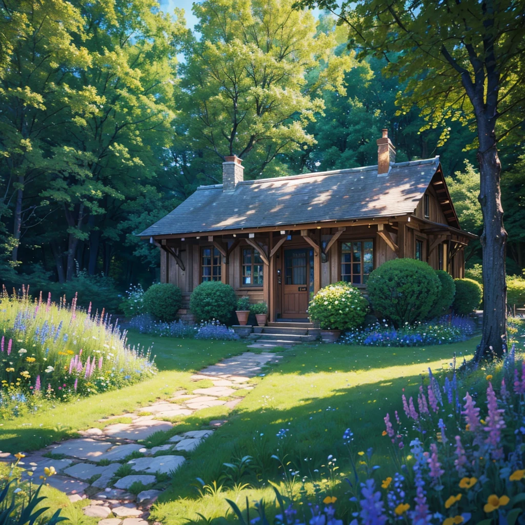 A charming stone cottage in a lush meadow, wildflowers blooming in every direction, with rolling hills in the background. A gentle brook babbles under a quaint wooden bridge, sunbeams streaming through the trees. Birds fly overhead, adding to the warm and inviting atmosphere. (best quality, 4k, 8k, highres, masterpiece:1.2), ultra-detailed, (realistic, photorealistic, photo-realistic:1.37), landscape, natural lighting, vibrant colors, serene.