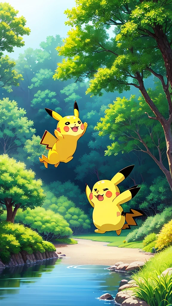 Studio Ghibli-inspired art style、Draw Pikachu in a landscape。The background is a lush forest、wood々A soft light shines through the、It creates a fantastic atmosphere。Pikachu is slightly deformed.、The characters are drawn with soft lines and warm colors, just like Ghibli characters.。Pikachu is posing as if he is playing in the forest.、There are small spirits and mysterious creatures flying around.。