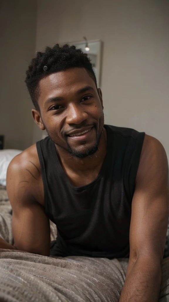 ((long distance shot:1.5)), a black man, small beard, wrinkled, weathered, with piercing eyes, smile, detailed face, high details, sitting on the bed, bed on the background