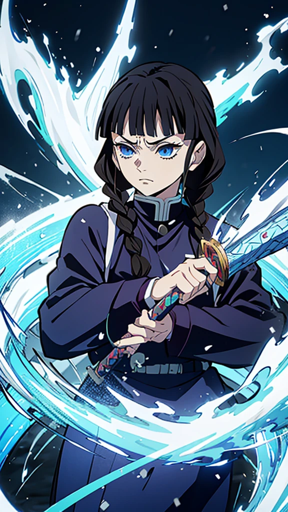 Kimetsu no Yaiba style, 1 mature, girl, blue eyes, a hashira, pretty, long dark brown hair in braids, curtain bangs, annoyed expression, noble, Pillar Demon Slayer, holding a sword, wearing demon slayer uniform, holding a blue demon slayer sword, dark and snowy background
