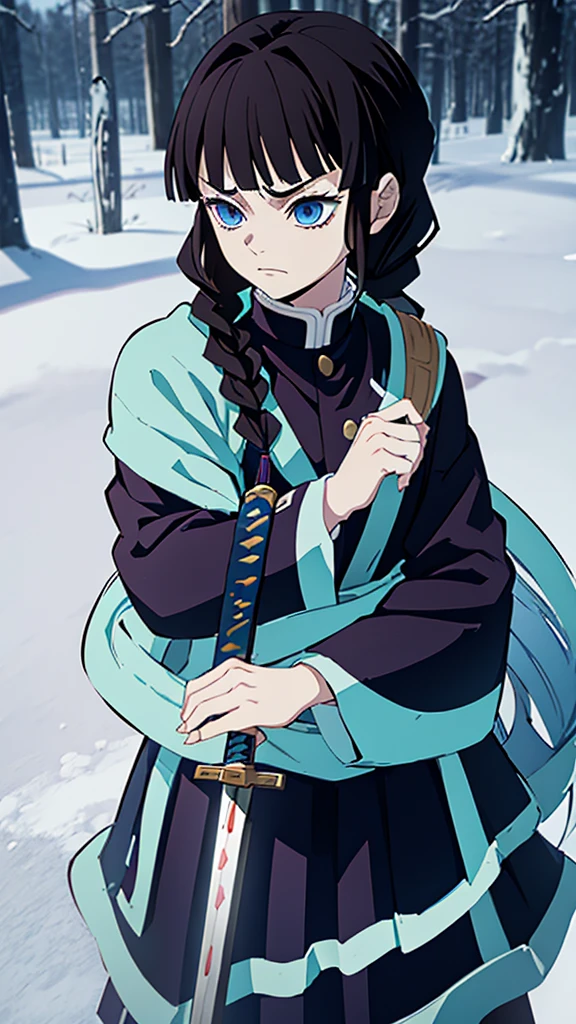 Kimetsu no Yaiba style, 1 mature, girl, blue eyes, a hashira, pretty, long dark brown hair in braids, curtain bangs, annoyed expression, noble, Pillar Demon Slayer, holding a sword, wearing demon slayer uniform, holding a blue demon slayer sword, dark and snowy background