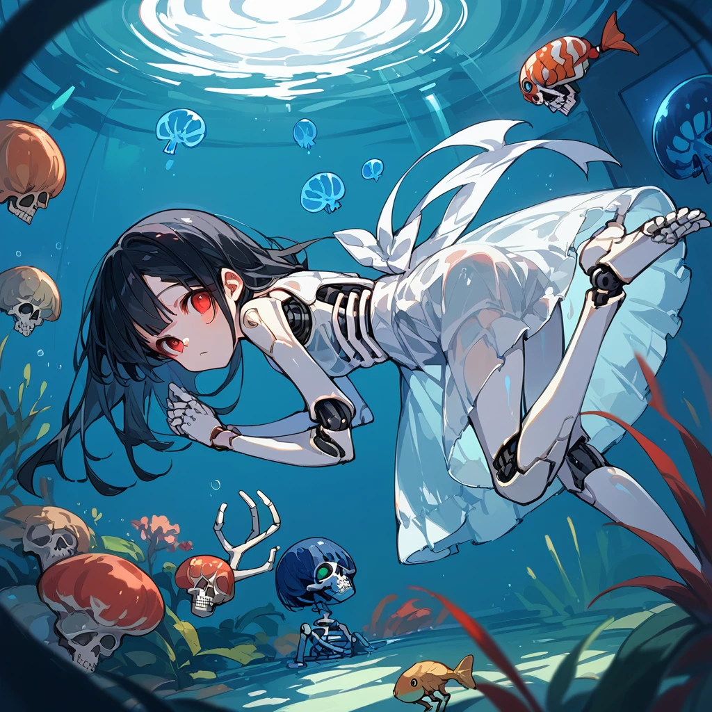 core_9_up, score_8_up, score_7_up, score_6_up, source_anime, 2D、1girl, black hair, red eyes, skeleton body, Translucent dress、骨が見えてる、 blue jellyfish, aquarium, robot joints