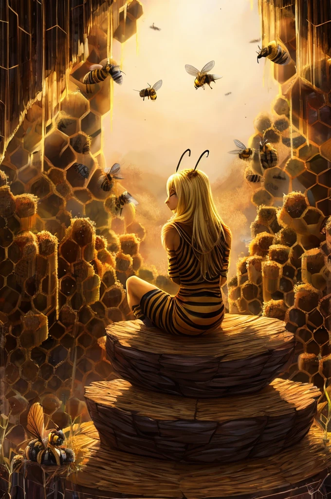 A blonde bee sitting looking at the hive