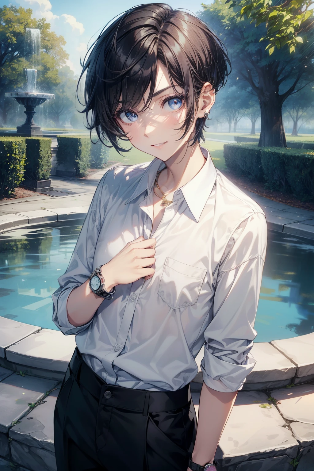 a young skinny tomboyish girl with very short hair, deep ocean eyes, (very short man hairstyle:1.4), pink cheek, flat chest, pretty lipstick, glowing eyes, handsome, bright skin tone, (detailed eyes), (best quality,highres,masterpiece:1.2),ultra-detailed,award winning,high resolution,1boy, setting in a park with a fountain in the morning, (((smiley))), flirting gaze, confident, gentle, (white collar shirt), black pants, sport watch, (one side earring), POV, beautiful sunlight, hand in pocket.