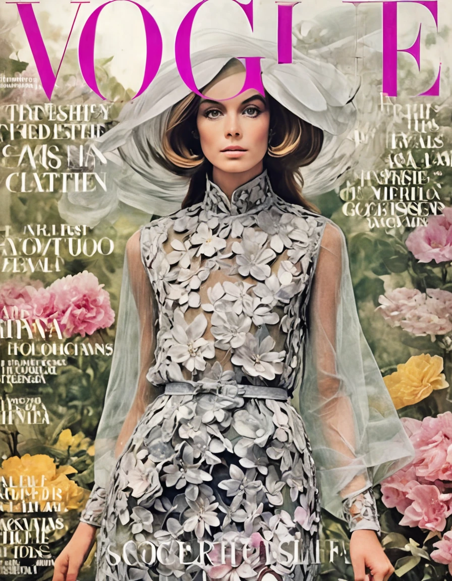 She translucent organza, floral delicacy, blooming petals, sheer elegance, garden attire, femininity redefined, Marie Claire Editorial, botanical garden backdrop.,highly intricate,(VOGUE Cover Magazine:1.15),1968, 60s, black letters, hyper detailed, photorealistic,,