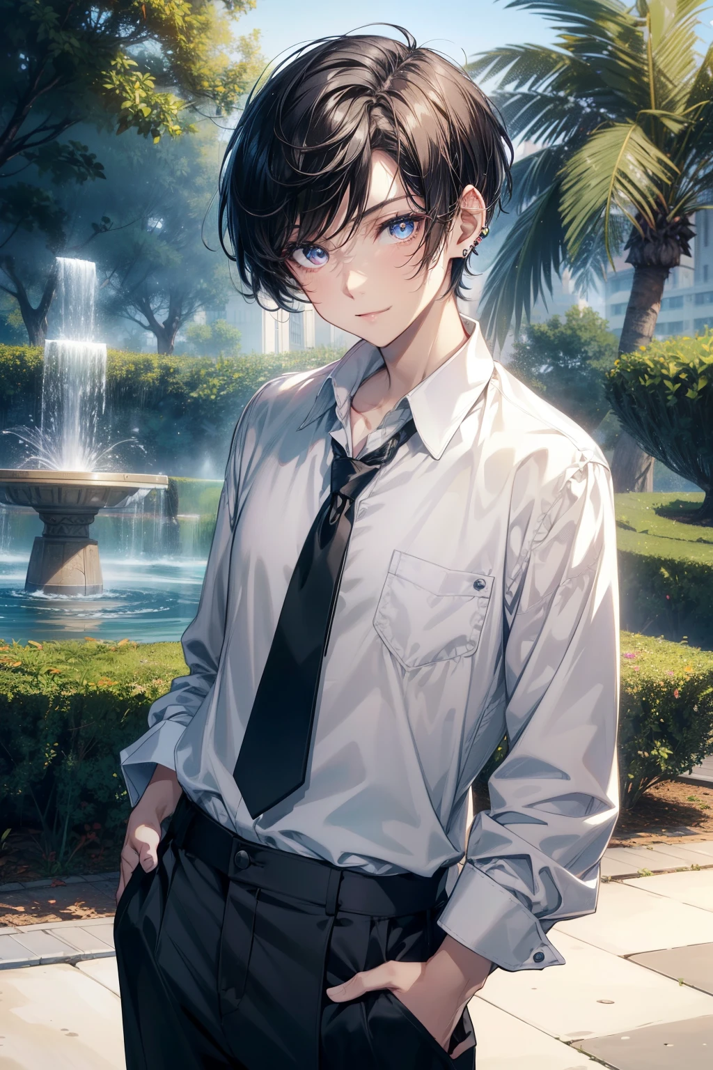 a young skinny tomboyish girl with very short hair, deep ocean eyes, (very short man hairstyle:1.4), pink cheek, flat chest, pretty lipstick, glowing eyes, handsome, bright skin tone, (detailed eyes), (best quality,highres,masterpiece:1.2),ultra-detailed,award winning,high resolution,1boy, setting in a park with a fountain in the morning, (((smiley))), flirting gaze, confident, gentle, (white collar shirt), black pants, sport watch, (one side earring), POV, beautiful sunlight, hand in pocket.