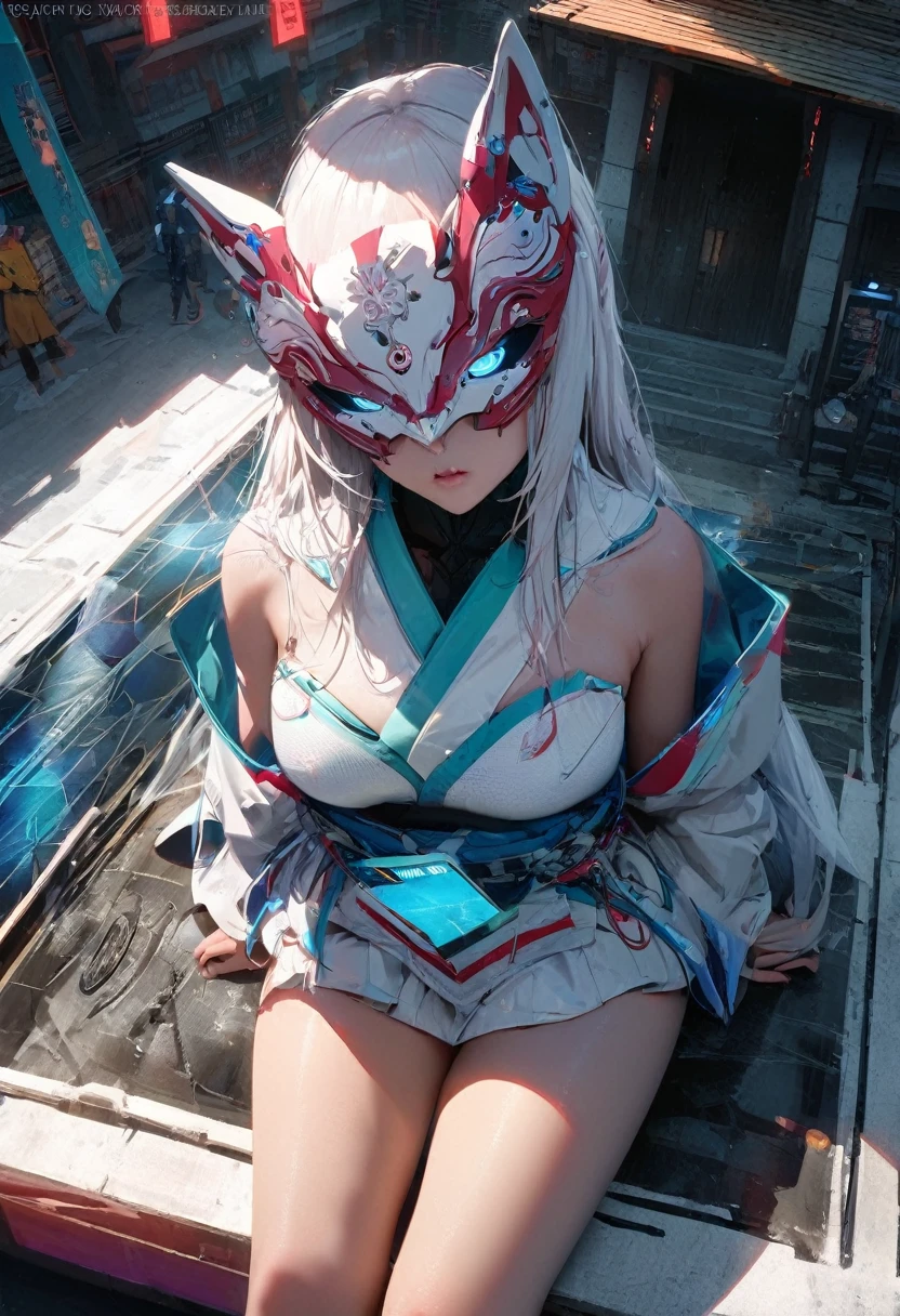 Capturing the essence of futurism,, shadow over face, And the flashing lights of electronic devices. The art is very realistic,Cyberpunk面具,1 Girl, Shrine maiden,Fox Mechanical Mask,Cyberpunk, Cyberpunk面具,Precision mechanics, summer,Shrine maiden服, Big Perspective,Overlooking,Sitting and looking up at the camera,Close shot,Focus on the characters,精致的design感,Simplicity,design