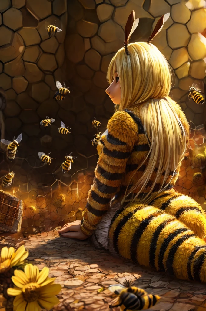 A blonde bee sitting looking at the hive