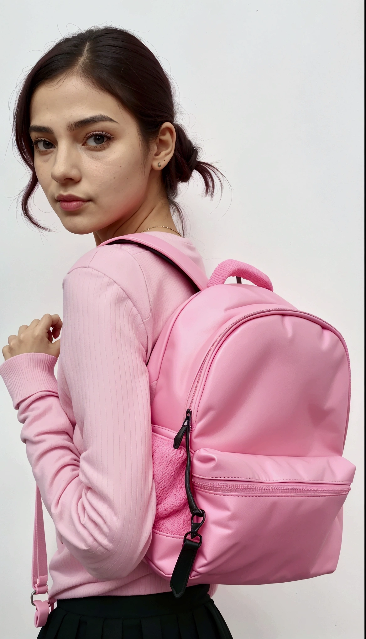 a woman in a pink sweater and black skirt holding a pink Mochila, Mochila, o saco da escola, a Mochila, with a Mochila, wearing strawberry Mochila, néon rosa pastel, Rosa neon, roupas rosa,  Rosa, dayglo rosa, vibração rosa, bolsas, detalhes rosa e rosa, 🤬 🤮 💕 🎀, imagem de perfil, detalhes em rosa, um pouco de rosa