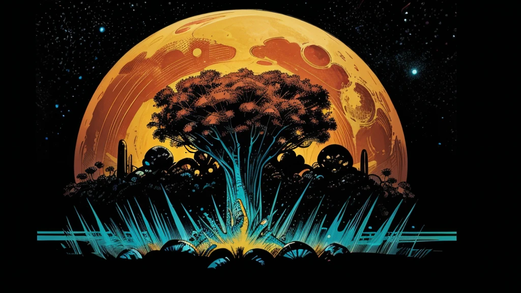 Use this prompt to create an image in the style of 1950s-70s comic book art. Use bold outlines, halftone patterns. Employ intense, saturated colors reminiscent of vintage four-color printing. Maintain a psychedelic, otherworldly atmosphere with swirling, colorful skies and strange celestial bodies. Emphasize the contrast between light and shadow to create a dramatic, pulp sci-fi feel. Create an image of:  an alien planet, nebula, moons, rings, strange plants, strange animals, flying creatures