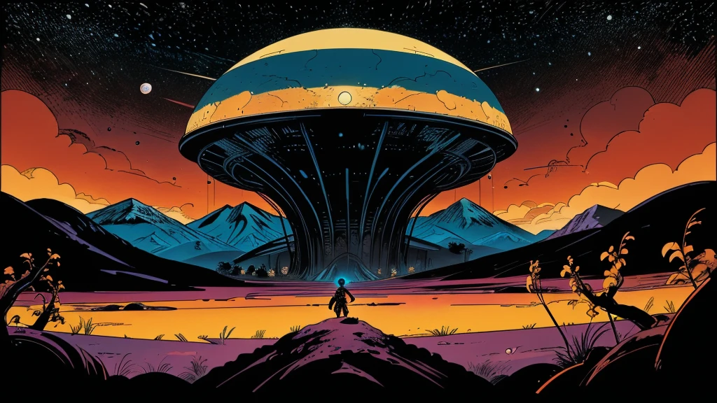 Use this prompt to create an image in the style of 1950s-70s comic book art. Use bold outlines, halftone patterns. Employ intense, saturated colors reminiscent of vintage four-color printing. Maintain a psychedelic, otherworldly atmosphere with swirling, colorful skies and strange celestial bodies. Emphasize the contrast between light and shadow to create a dramatic, pulp sci-fi feel. Create an image of:  an alien planet, nebula, moons, rings, strange plants, strange animals, flying creatures