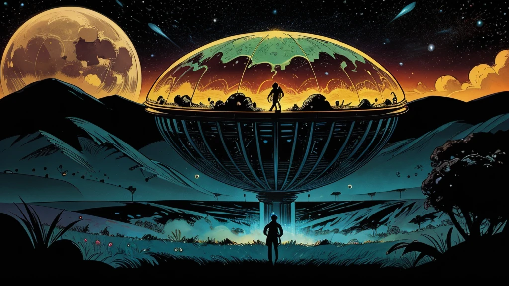 Use this prompt to create an image in the style of 1950s-70s comic book art. Use bold outlines, halftone patterns. Employ intense, saturated colors reminiscent of vintage four-color printing. Maintain a psychedelic, otherworldly atmosphere with swirling, colorful skies and strange celestial bodies. Emphasize the contrast between light and shadow to create a dramatic, pulp sci-fi feel. Create an image of:  an alien planet, nebula, moons, rings, strange plants, strange animals, flying creatures