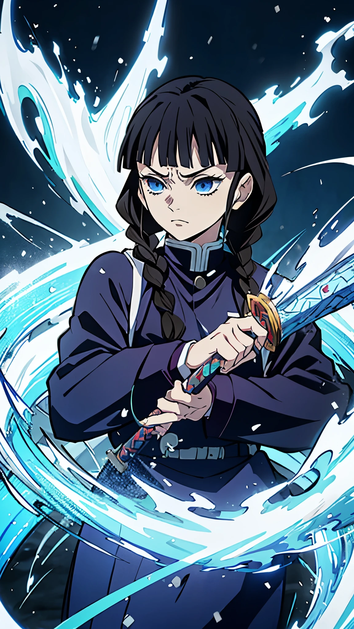 Kimetsu no Yaiba style, 1 mature, girl, blue eyes, a hashira, pretty, long dark brown hair in braids, curtain bangs, annoyed expression, noble, Pillar Demon Slayer, holding a sword, wearing demon slayer uniform, holding a blue demon slayer sword, dark and snowy background