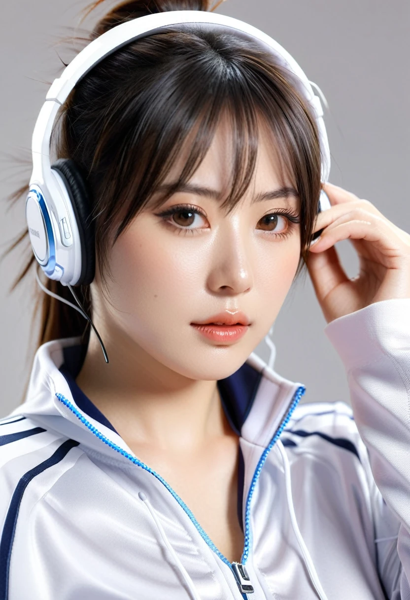 Wear, (photo Practical:1.4), (hyper Practical:1.4), (Practical:1.3), (Smoother lighting:1.05), (Improve movie lighting quality:0.9), 32k, 1 Girl,20 year old girl, Practical lighting, Backlight, There is light on the face, Ray Tracing, (Bright Lights:1.2), (quality improvement:1.4), (Highest quality real texture skin:1.4), Delicate eyes, Delicate face, Exquisite eyes, (Tired, sleepy and satisfied:0.0), Close-up of face, t-shirt, Listen to music with headphones, (Increase body line emotions:1.1), (Enhance Skin Texture Beauty:1.1)