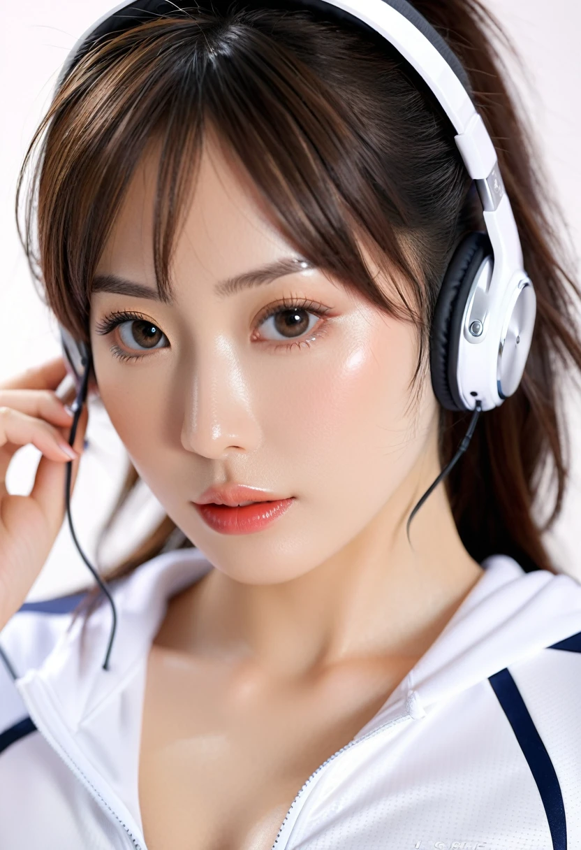 best quality, 8k, very delicate and beautiful, highly detailed face and skin texture, shiny skin, high resolution, big tits sexy japanese girl in track suit wearing headphone, sharp focus