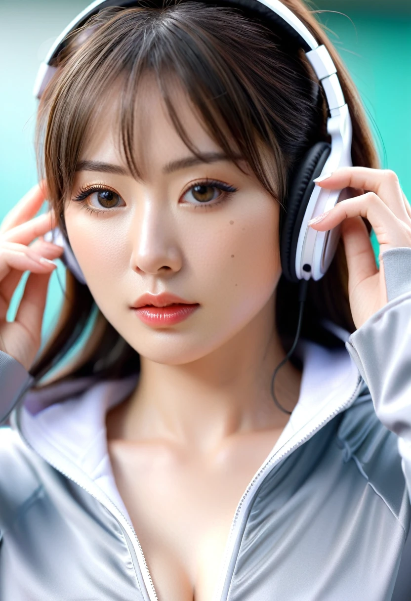 best quality, 8k, very delicate and beautiful, highly detailed face and skin texture, shiny skin, high resolution, big tits sexy japanese girl in track suit wearing headphone, sharp focus