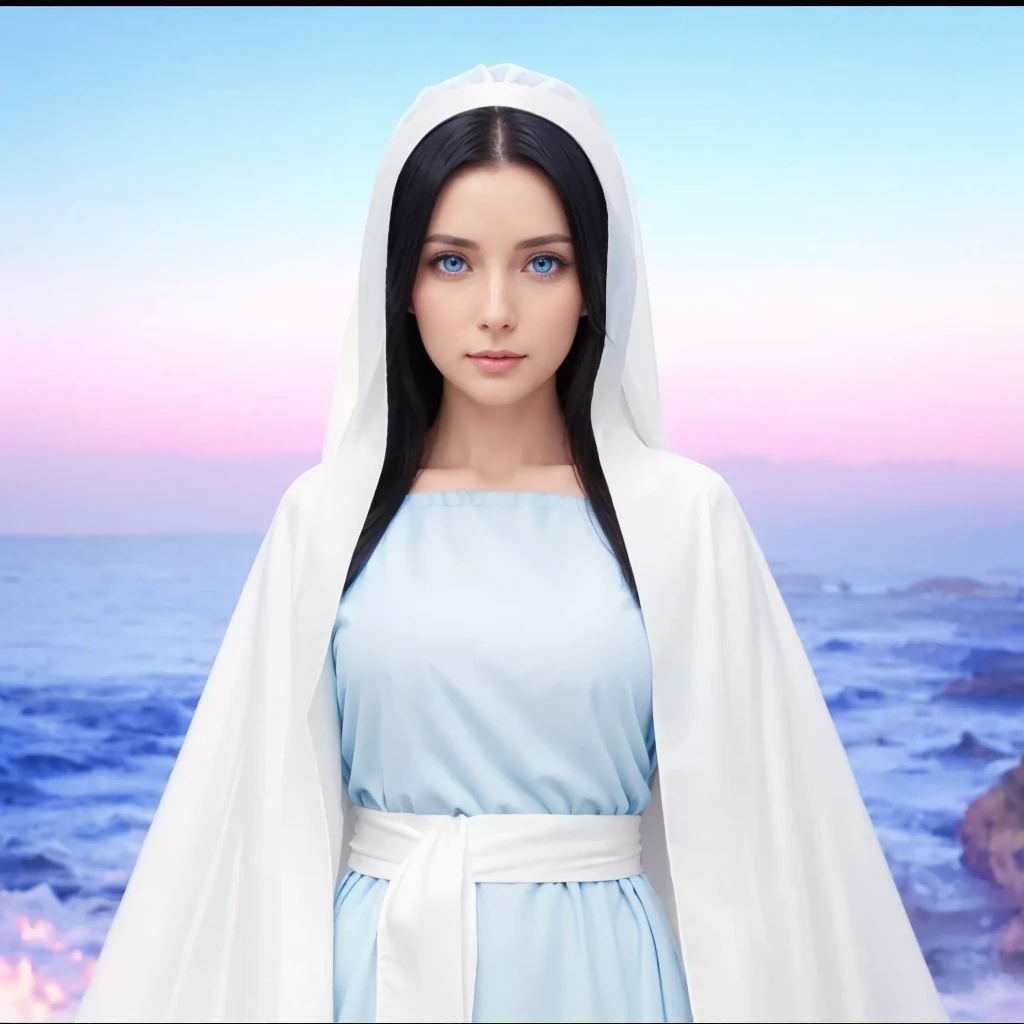 Beautiful 35 year old woman, clear blue eyes, Long black hair, wearing a blue tunic with wide, long sleeves adjusted at the waist by a white sash, and a white veil. Perfect full body