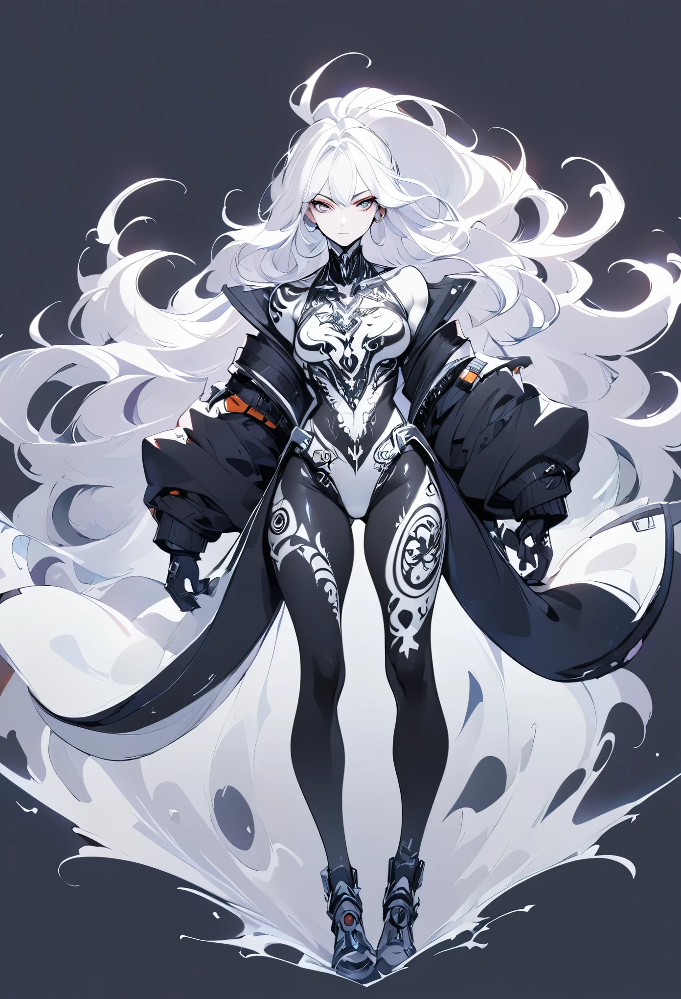 Hand drawn illustrations，Clean background，A woman，White long hair，Full body tattoo，Strong contrast
