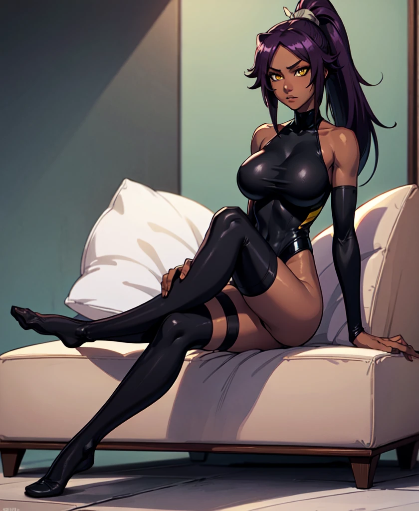1girl, sofa, sitting, legs crossed, bodysuit, black bodysuit, bare arms, bare shoulders, (large breasts:1.2), yoruichi shihouin, dark skin, dark-skinned female, ponytail, purple hair, yellow eyes, (black leotard:1.4), thighhighs, full body, ((Leg Crossing ))