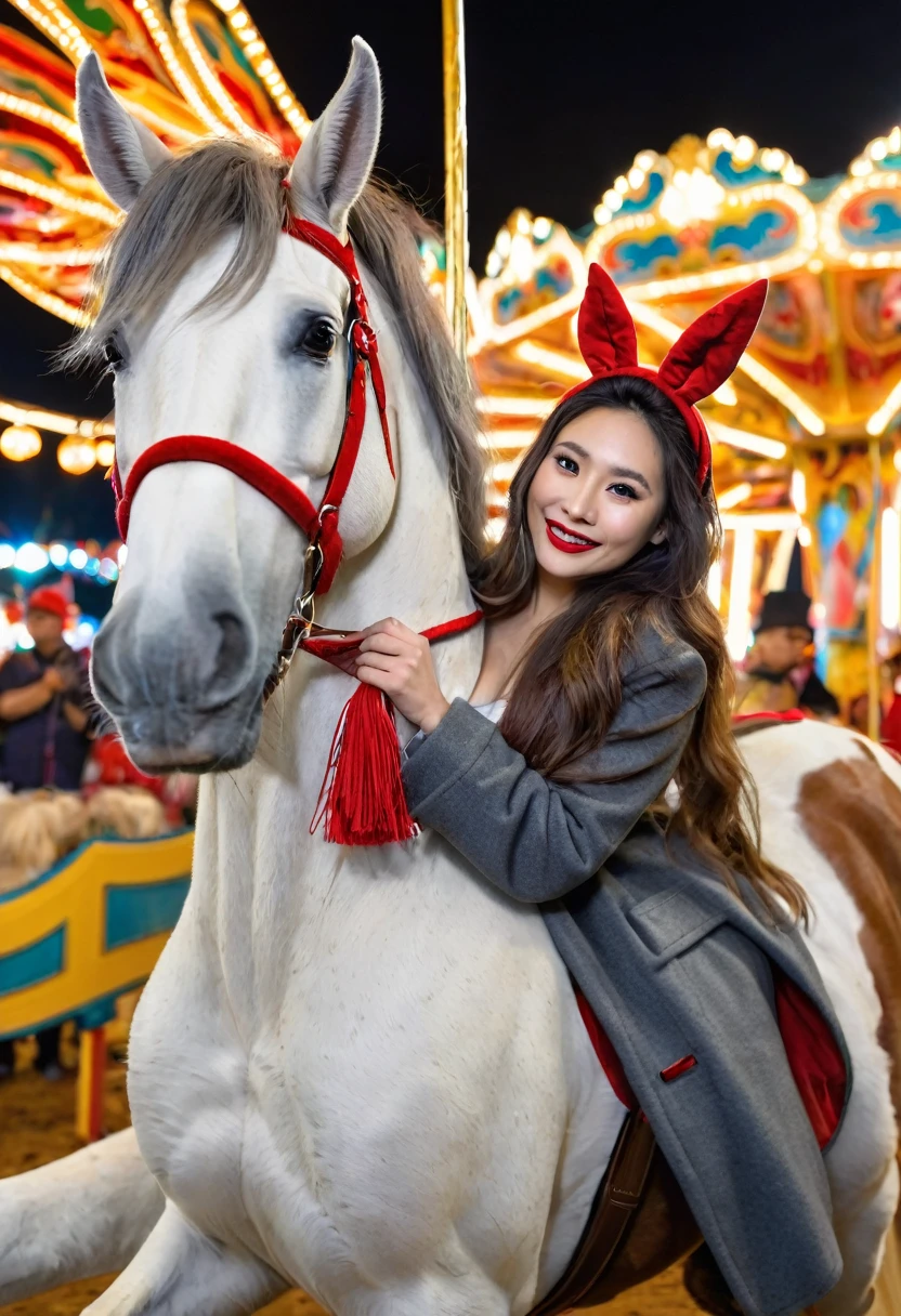There Is A Beautiful Asian Woman, bernama clauidia, Red Lips, Thick Long Hair, dark grey long coat, red bikini inside the coat, bunny ear headband, Big Breast, smile, in the middle carnival, night, hanging lights. Surround carnival visitors, She has one hand on the horse's pole and the other hand is holding the horse's mane, Carousel. She is looking at the camera with a serious expression. The background is a blurred carousel with lights.